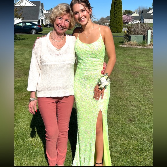 Lime Green glittery prom dress, with slit on the left side